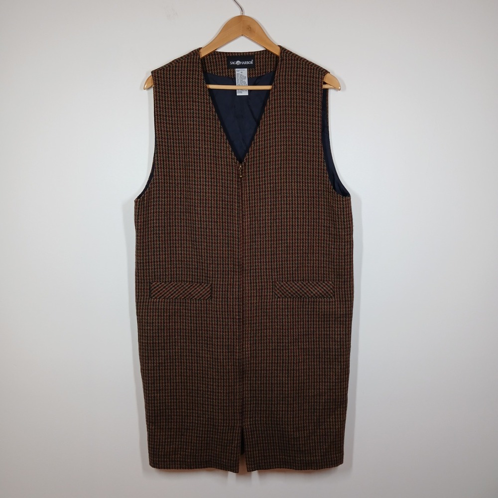 Sag Harbor Dress Women 12 Brown Houndstooth Wool Blend Front Zipper Classic